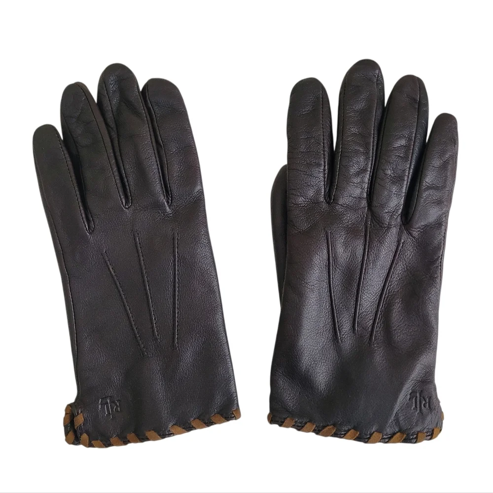 Lauren Ralph Lauren 100% Leather Gloves Black With Brown Trim Womens